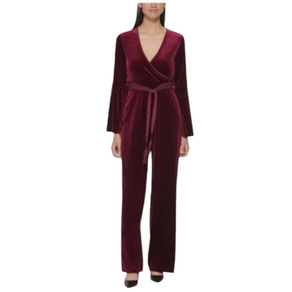 Calvin Klein Stretch Belted Bell Sleeve velvet‎ Neckline Wrap Jumpsuit size 4